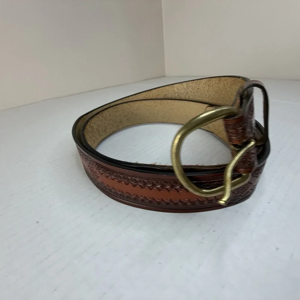 Western Cowboy Brown Leather Men's Belt Decorative Tooled Full Grain, Brass 47
